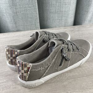 New Blowfish Malibu Slip On Boho Sneakers w/Zippers Gray Canvas Woven Plaid 8.5M